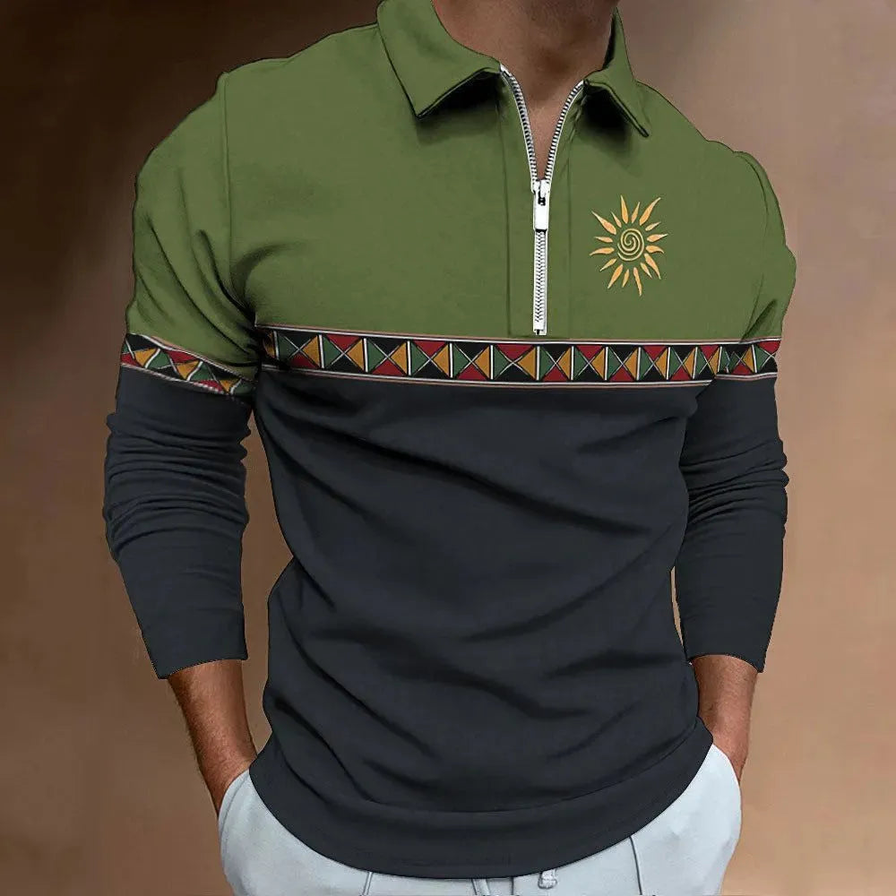 Men's loose fit long sleeve t-shirt with retro colour printing and stripes in golf top style