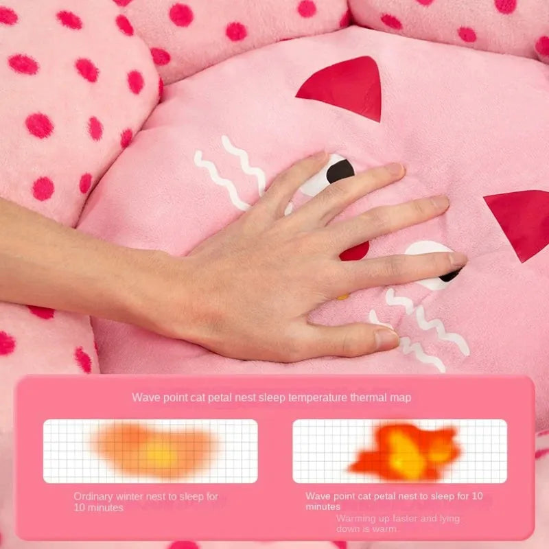 Pink cat bed cushion with dot pattern showing two size options for cats up to 20 pounds