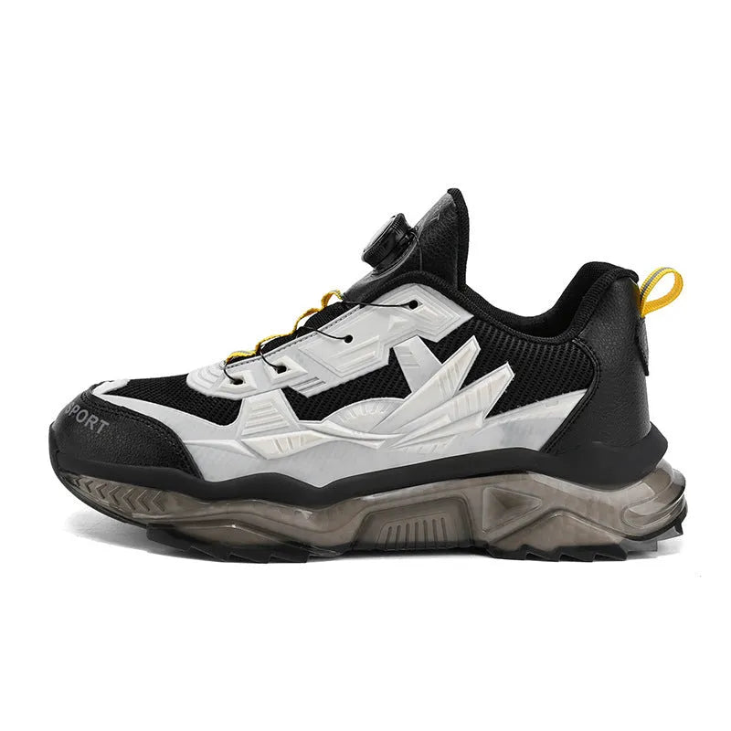 Men's black rotating button dad shoes with platform heel and mesh upper