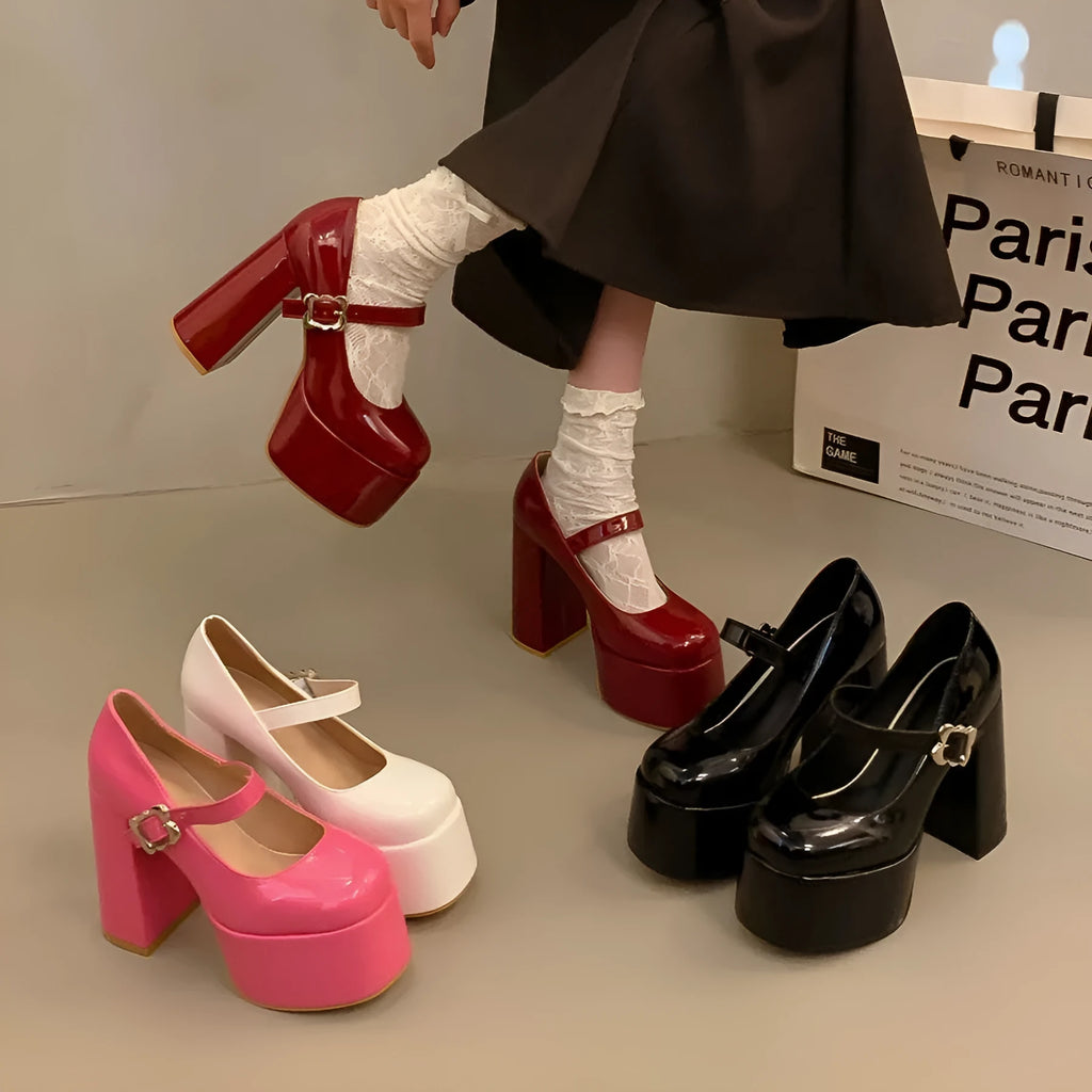 Pink waterproof platform thick heel Mary Jane shoes with PU upper and rubber sole, round head toe, sizes 33-39