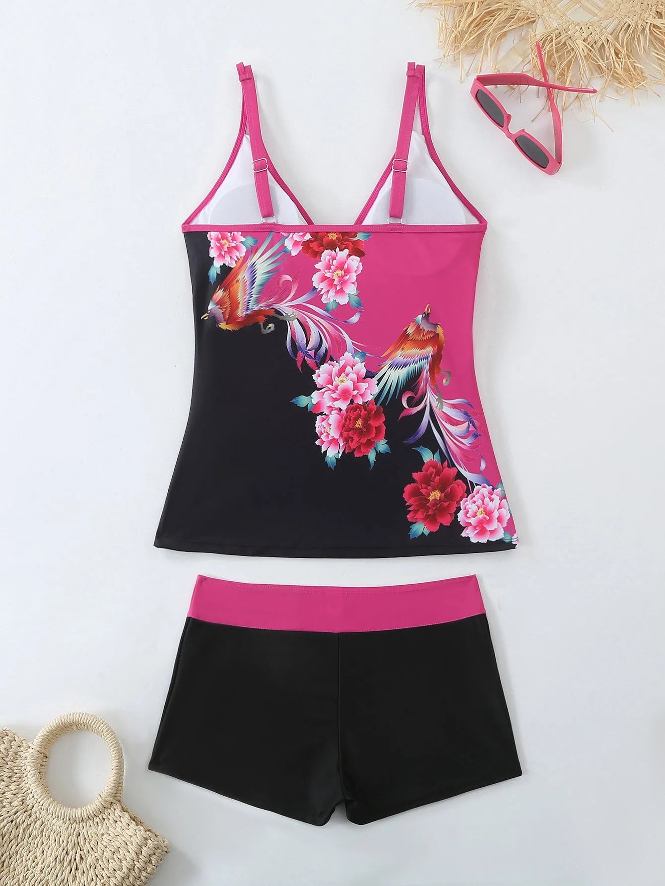Plus size women's two-piece swimsuit set in black or rose red, showing top and briefs-style bottoms.