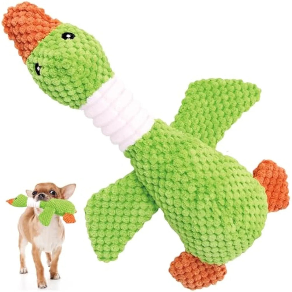 Blue durable duck plush dog toy with squeakers for chewing and interactive play