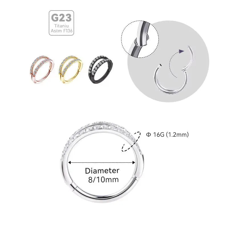 G23 titanium alloy lip and nose ring in gold or steel colour with diamond treatment, showing gauge and length sizes.