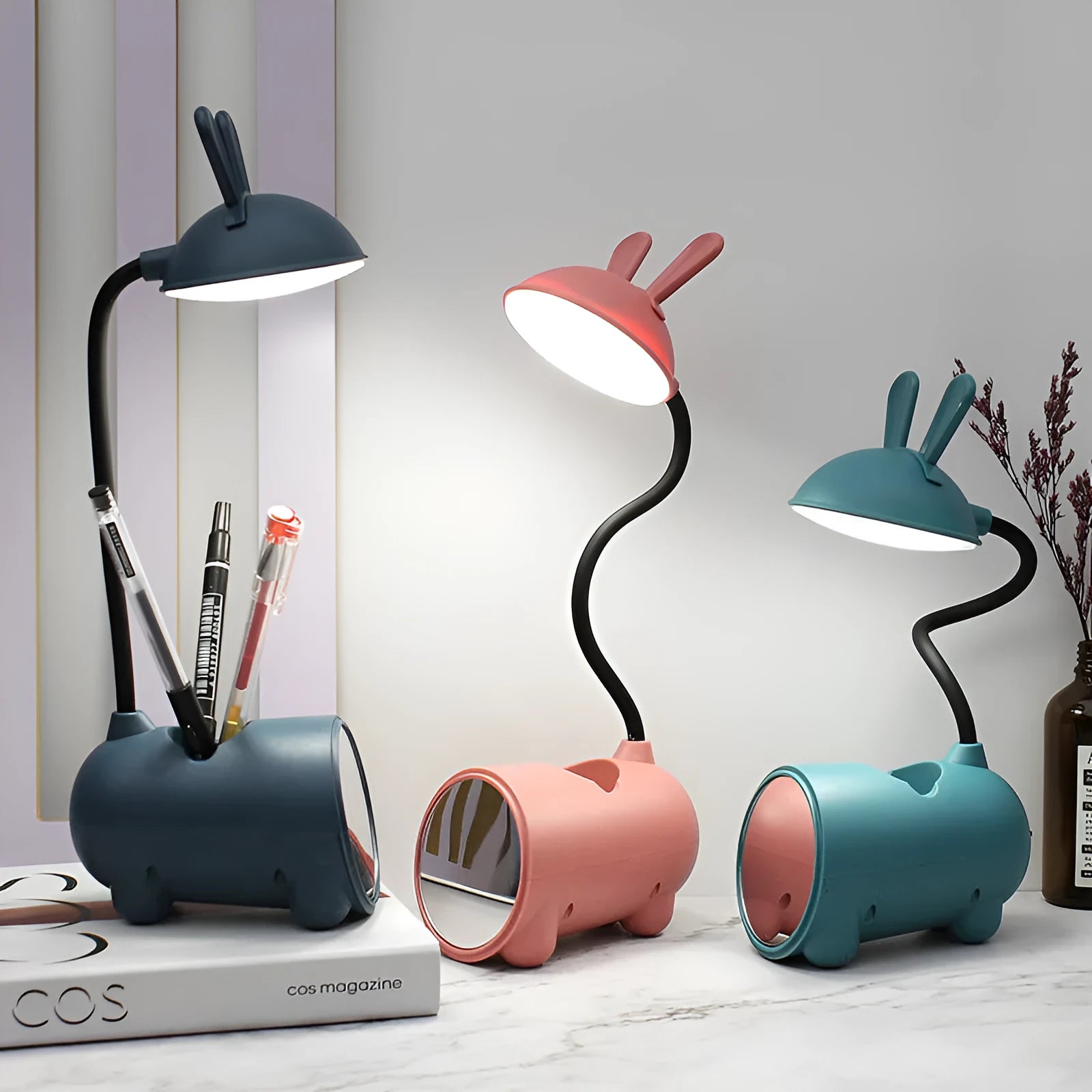 Green cartoon USB desktop lamp with pen storage container on wooden desk