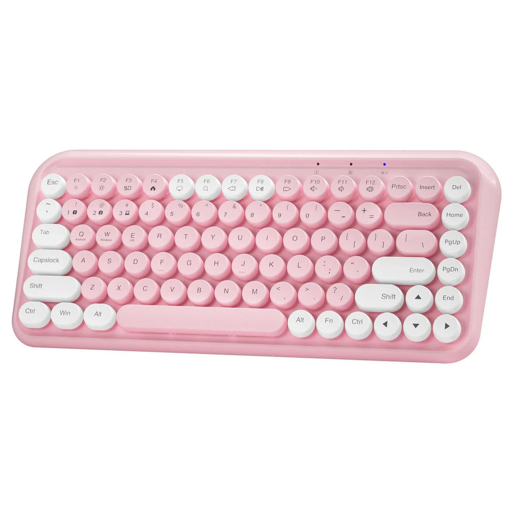 Pink wireless Bluetooth keyboard with 84 keys showing compact dimensions