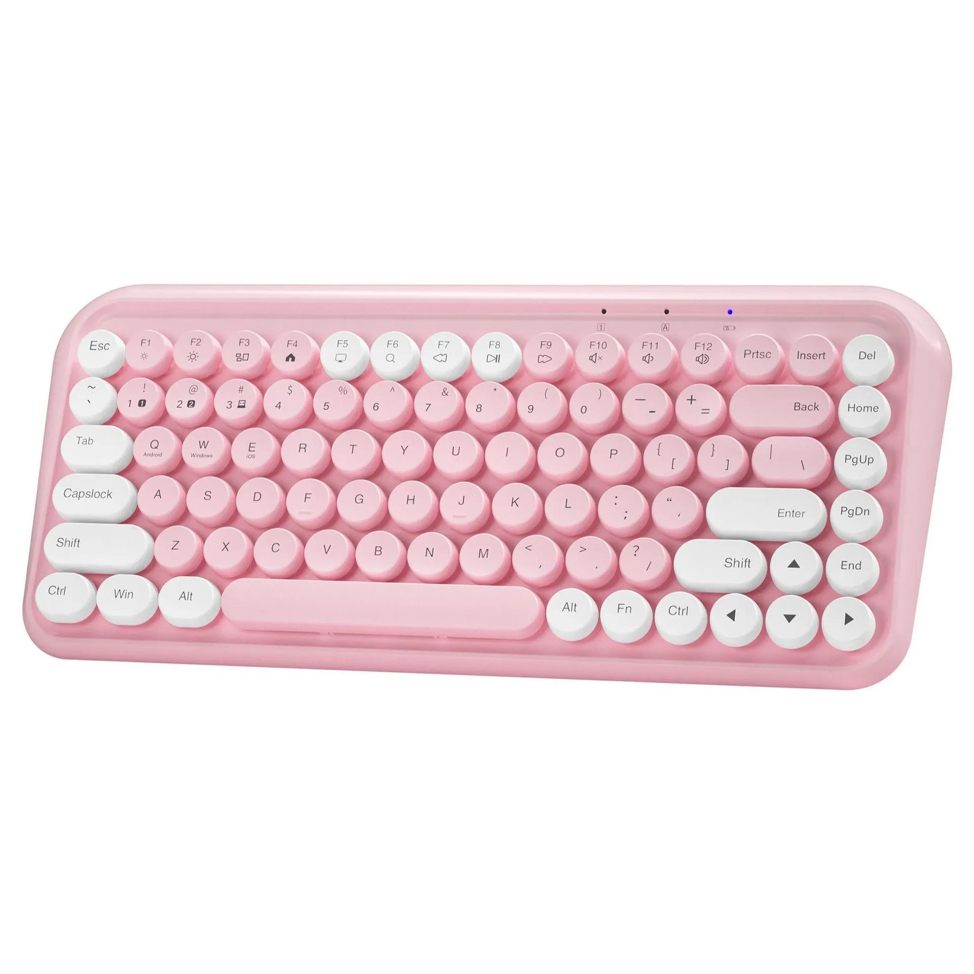 Pink wireless Bluetooth keyboard with 84 keys showing compact dimensions
