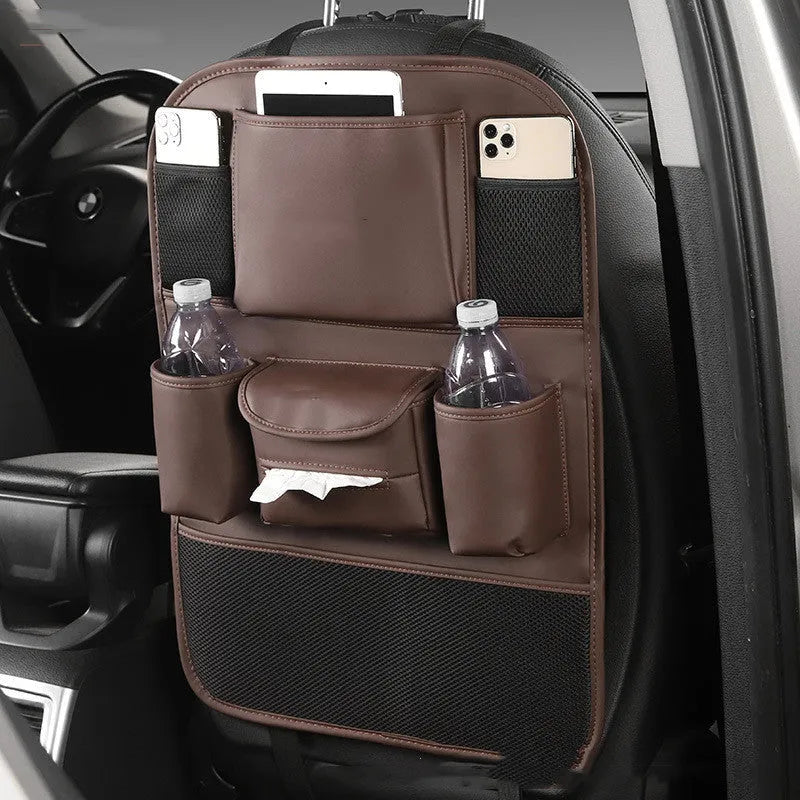 Leather car seat back storage bag in colour options of black, grey, green, and brown for hanging vehicle organisation.