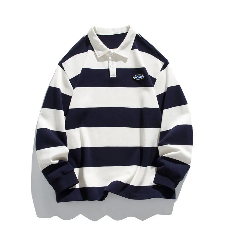 Loose fit pearl cotton polo shirt with lapel collar and long sleeves in striped Hong Kong style.