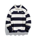Loose fit pearl cotton polo shirt with lapel collar and long sleeves in striped Hong Kong style.