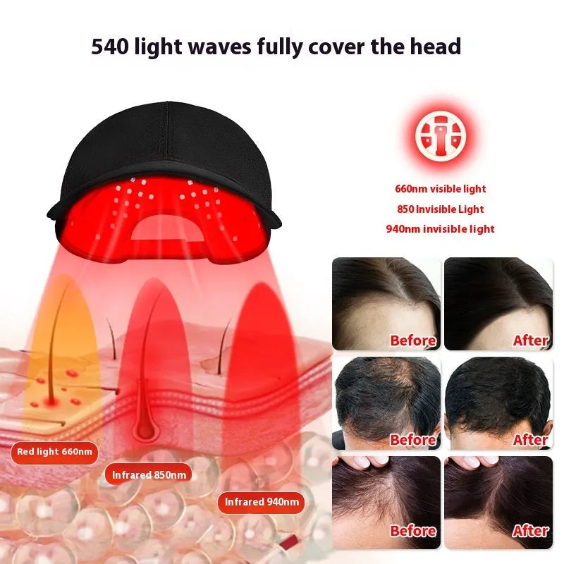 Black infrared peaked cap for hair growth therapy with 180 LED red light bulbs and adjustable controller
