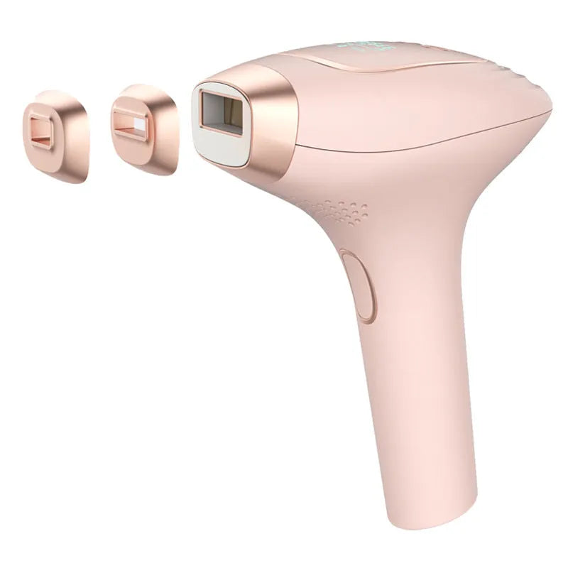 Pink and white three-in-one laser hair removal device with ice-sensing technology and accessories