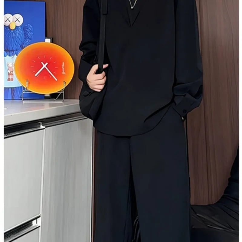 Men's casual hemp two-piece suit set with long sleeve polo shirt and matching trousers in slim fit