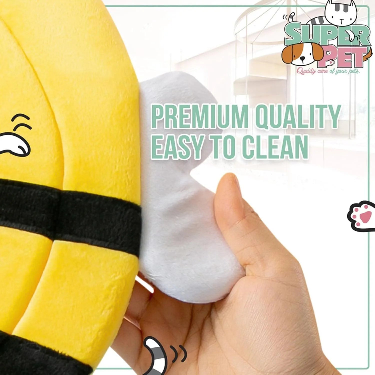 Soft cat cone collar with bee design showing Velcro closure and adjustable sizing