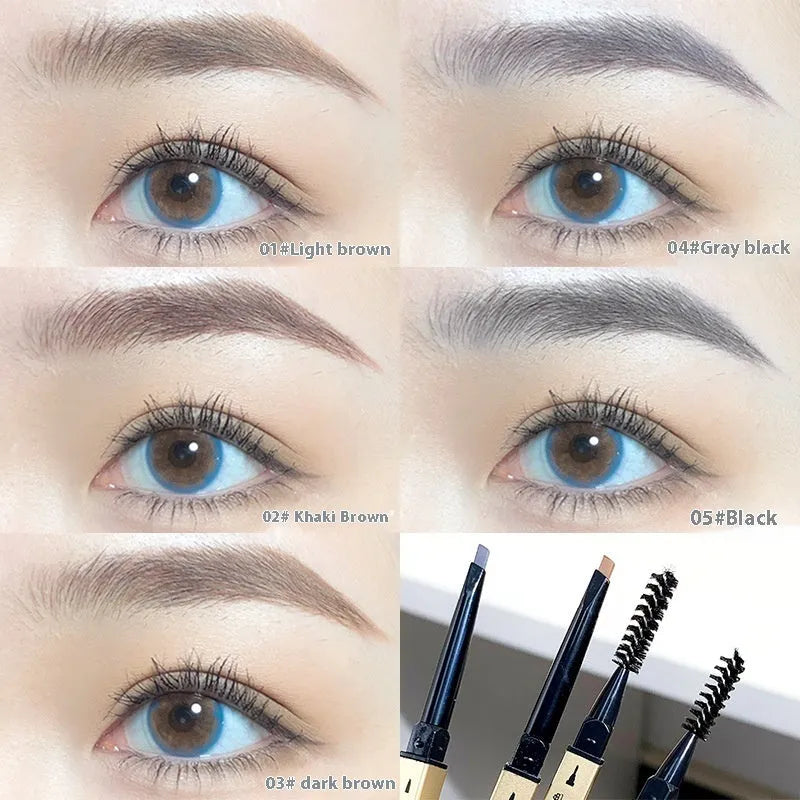 Small Gold Chopsticks Ultra-fine Eyebrow Pencil in five shades: light brown, kaki brown, dark brown, grey black, and black.