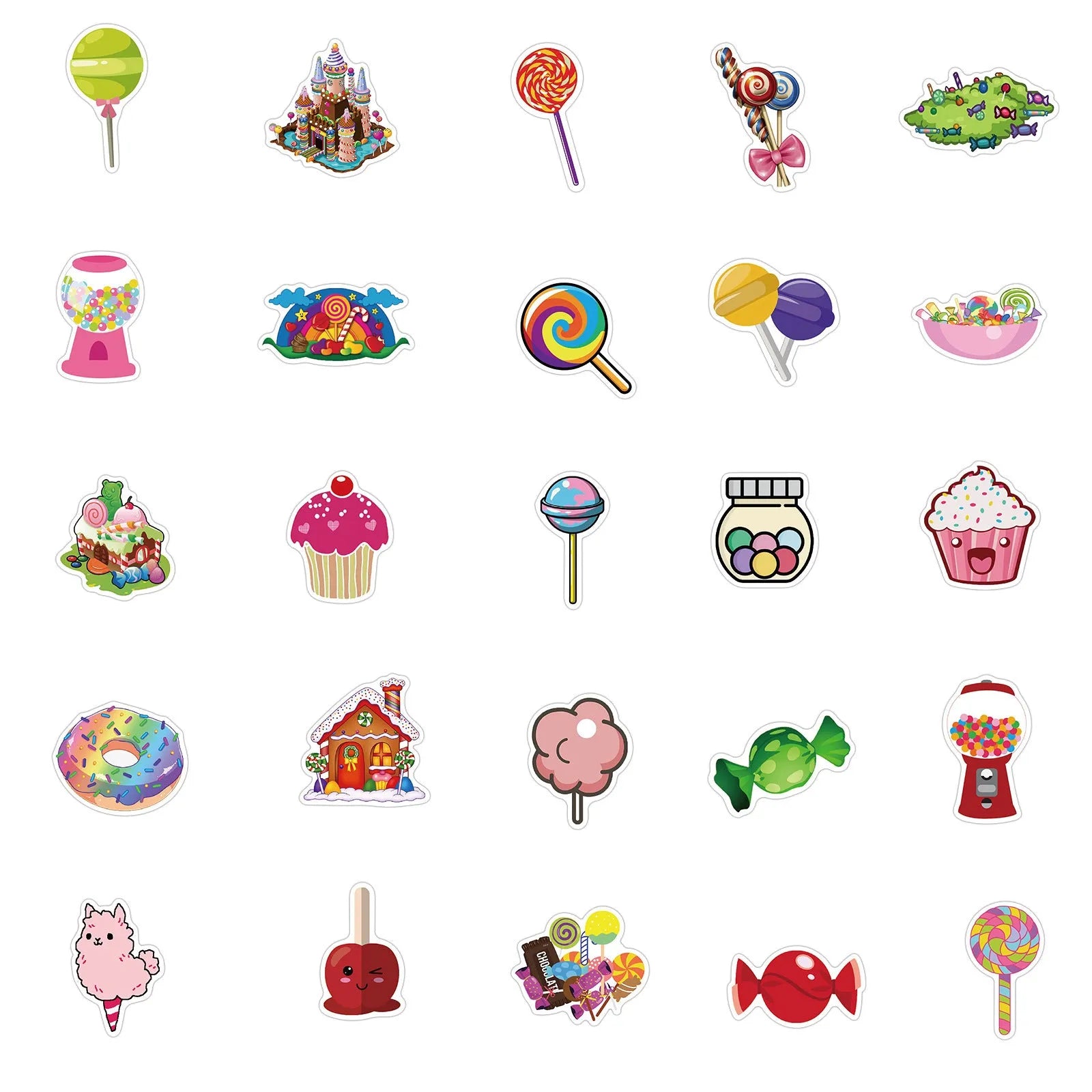 Pack of 50 colourful candy graffiti cartoon stickers measuring 4-6cm on pink background