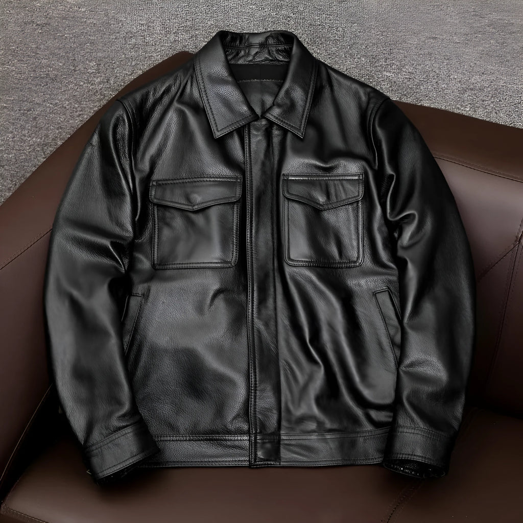 Men's black plus size PU leather jacket with lapel collar and side pockets on a hanger.