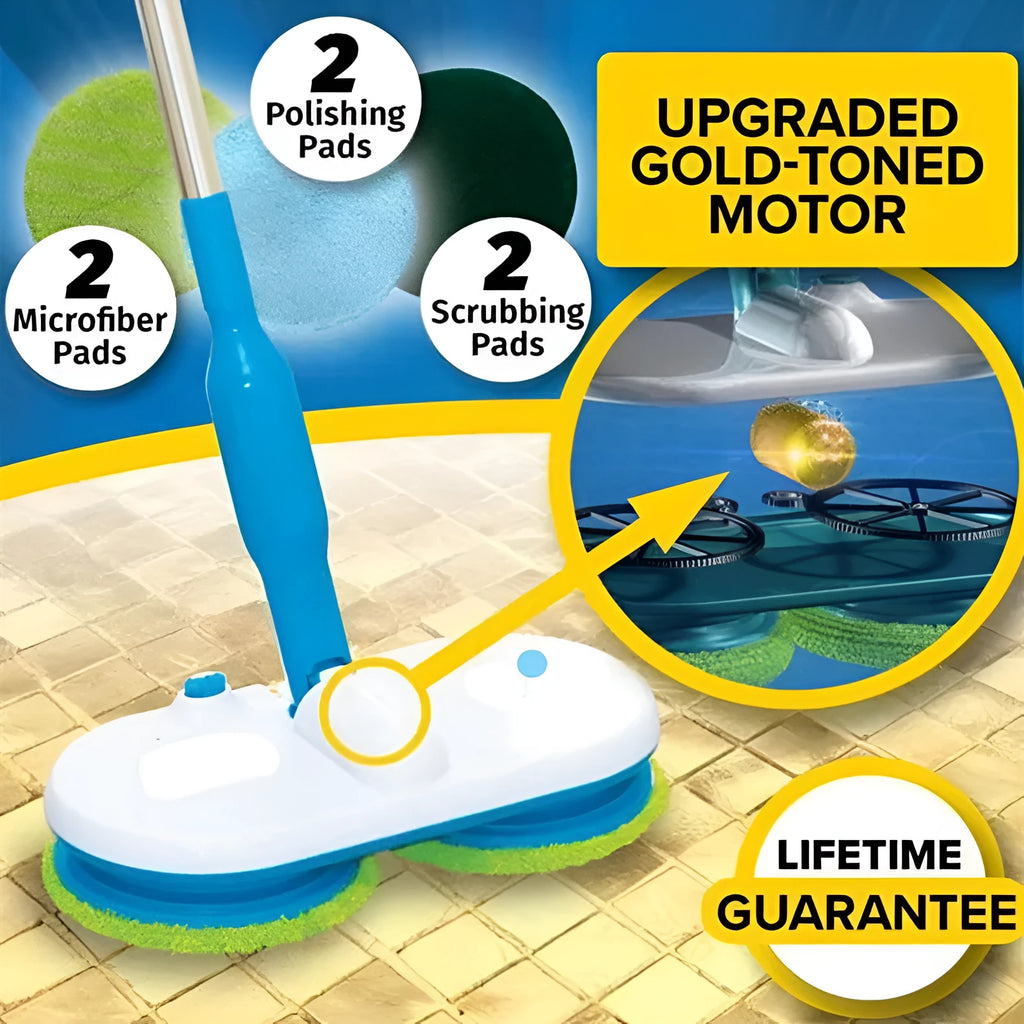 Wireless handheld electric floor mop with USB charging port and set of microfiber, polishing, and scrubbing pads.