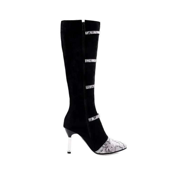 Women's black knee high heeled boots with a 9cm thin heel and velvet lining on a grey background.