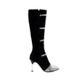Women's black knee high heeled boots with a 9cm thin heel and velvet lining on a grey background.