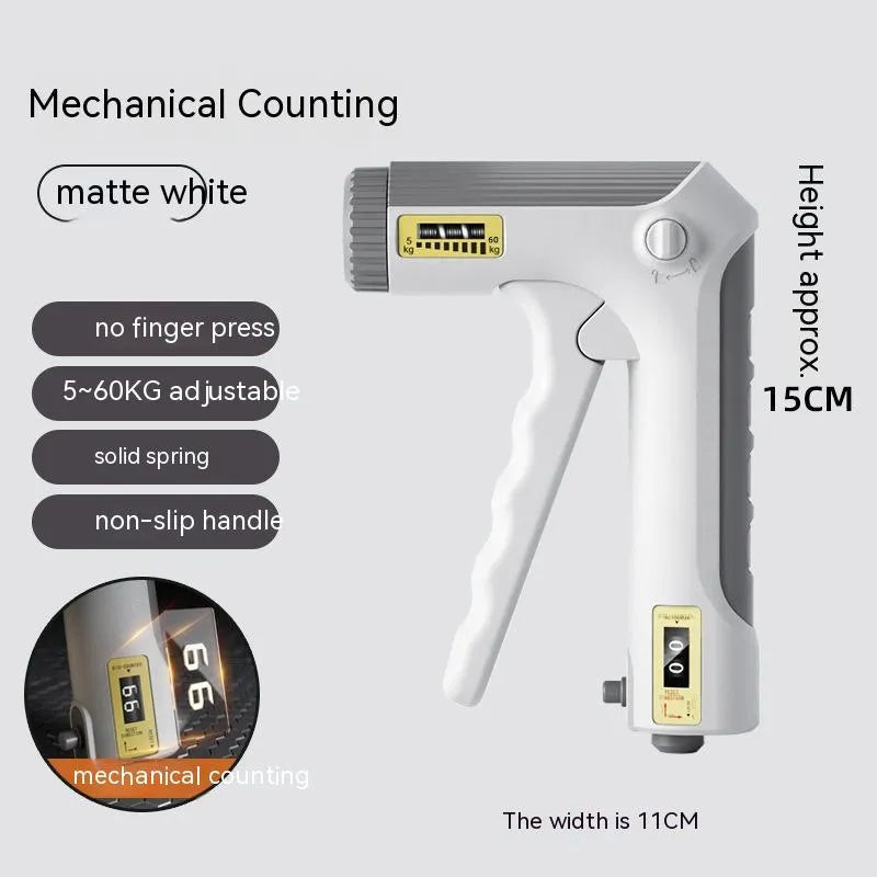 White spring grip hand exerciser with electronic counting model on dark background
