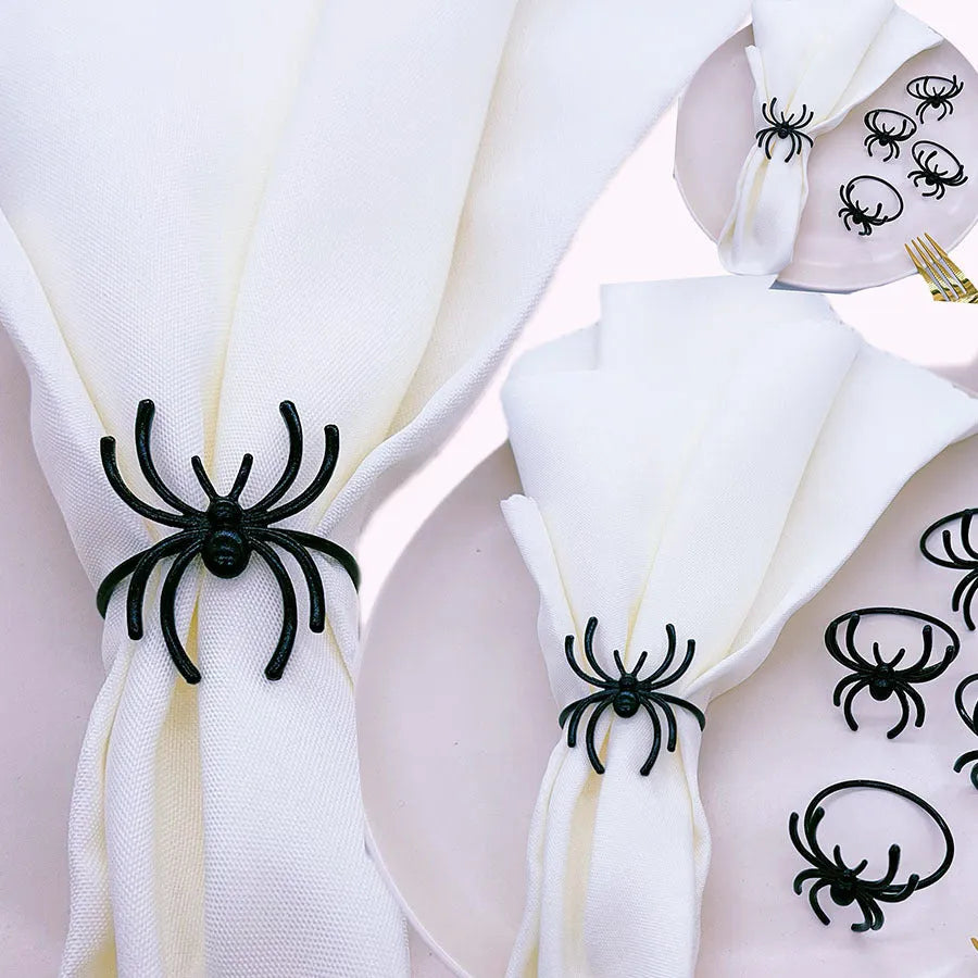 Six black spider design alloy napkin rings for Halloween table decoration