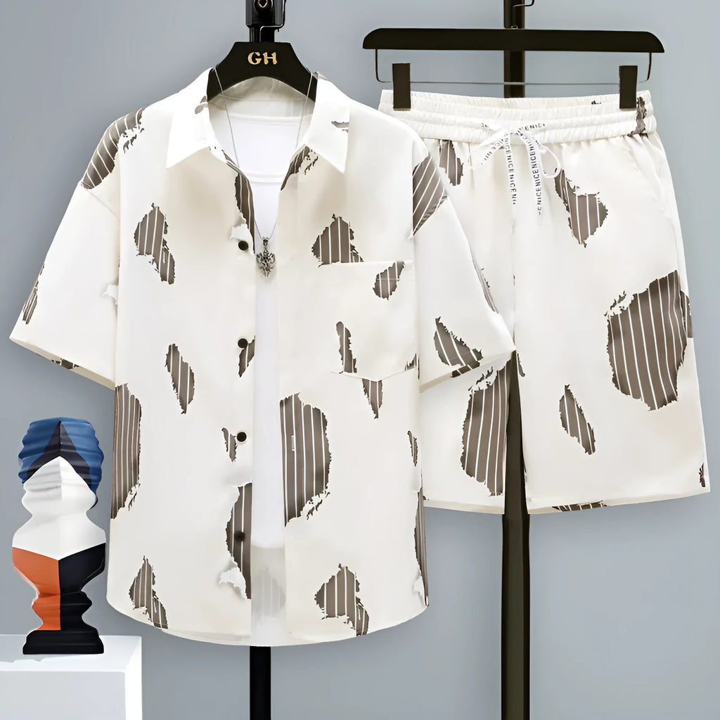 Men's casual polyester shorts and short sleeve top two-piece set in a neutral colour.