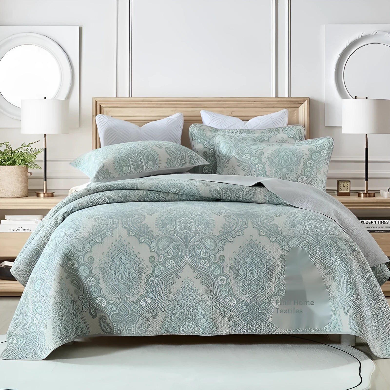 Pure cotton bedspread three-piece set with geometric pattern, showing bedcover and pillowcases.