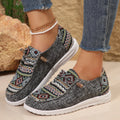 Women's flat slip-on shoes in black, dark grey, and khaki with round toe and rubber sole.