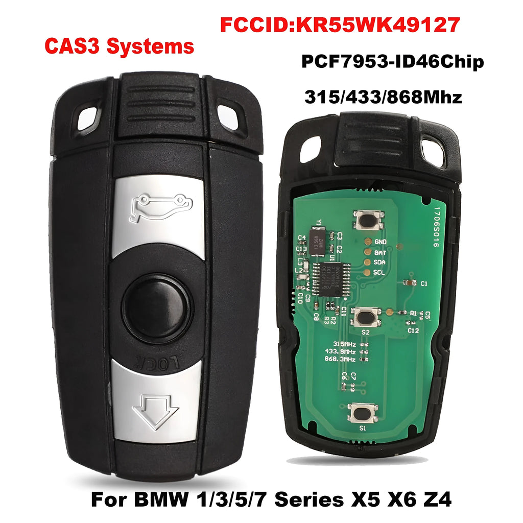 BMW CAS3 semi-intelligent replacement car key remote with three blank metal blades.