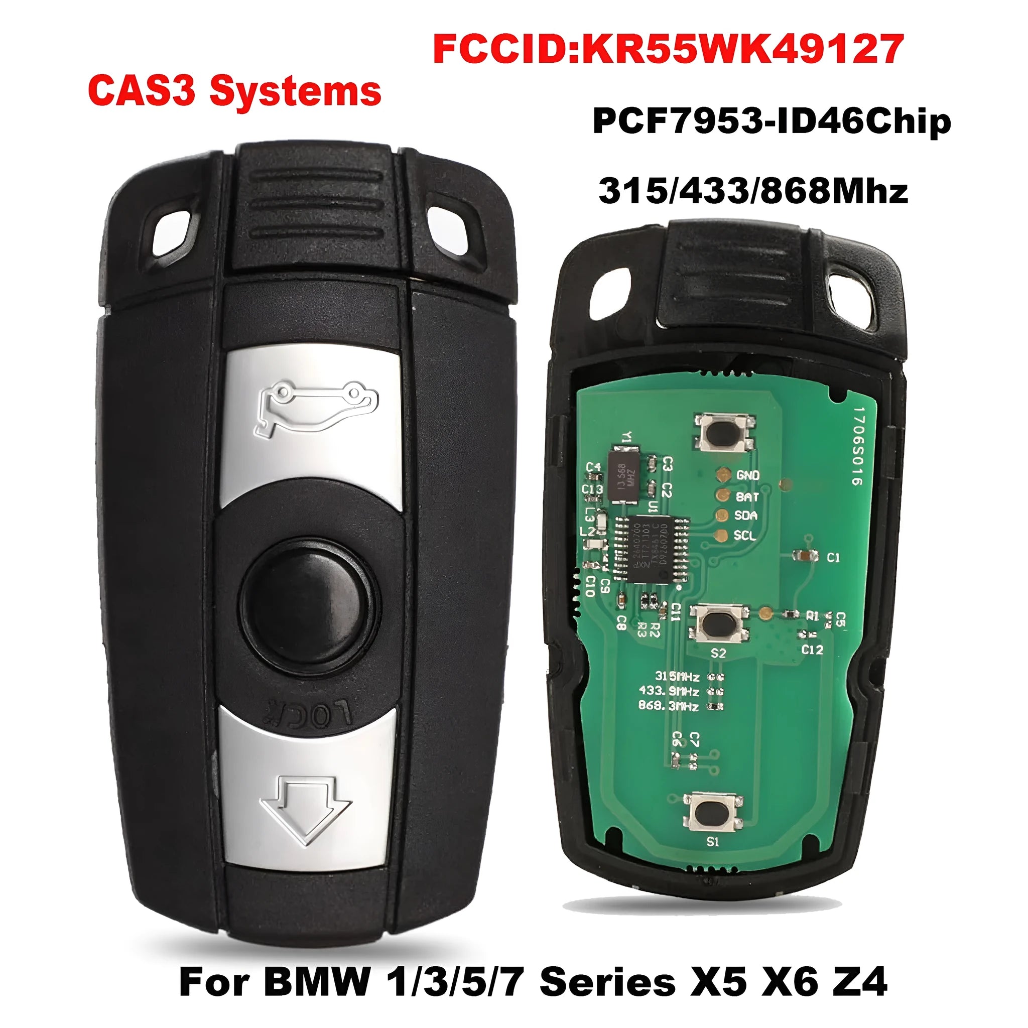BMW CAS3 semi-intelligent replacement car key remote with three blank metal blades.