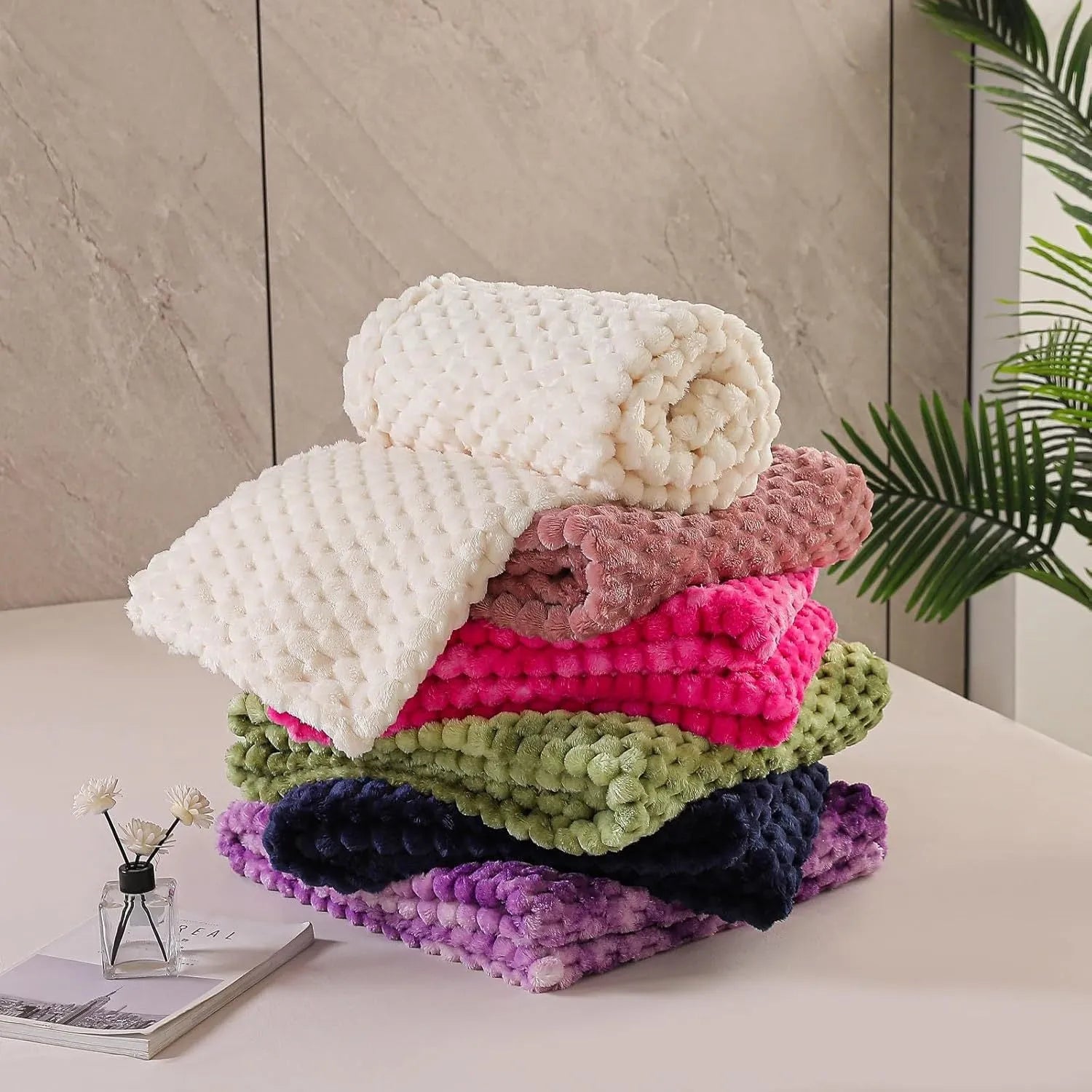 Polyester plaid children's nap blanket in solid colour with velvet finish, shown in multiple size options