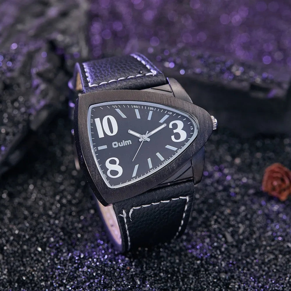 Men's casual watch with triangle pattern strap in choice of brown, black, or blue colour.