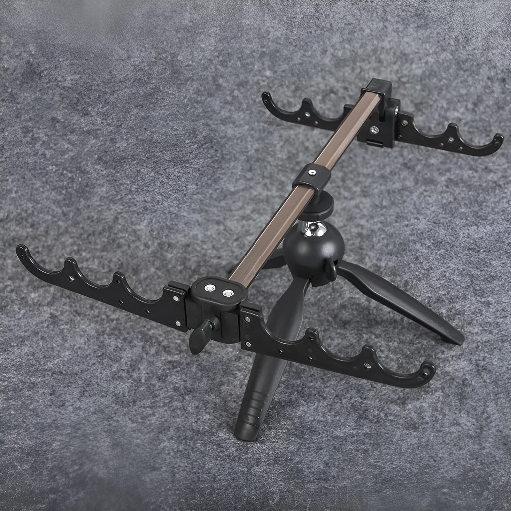Aluminium ice fishing triangle rod holder bracket on a frozen lake.