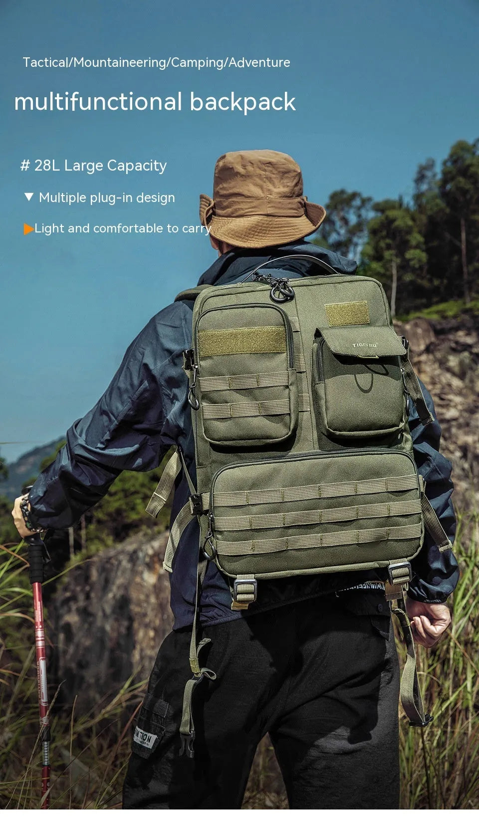 Army green 17-inch tactical nylon backpack with 20-35L capacity for outdoor use.