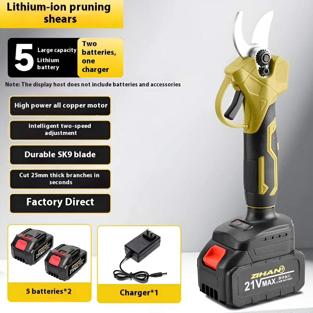 Cordless electric pruning shears with two lithium batteries and charger in a plastic storage case.