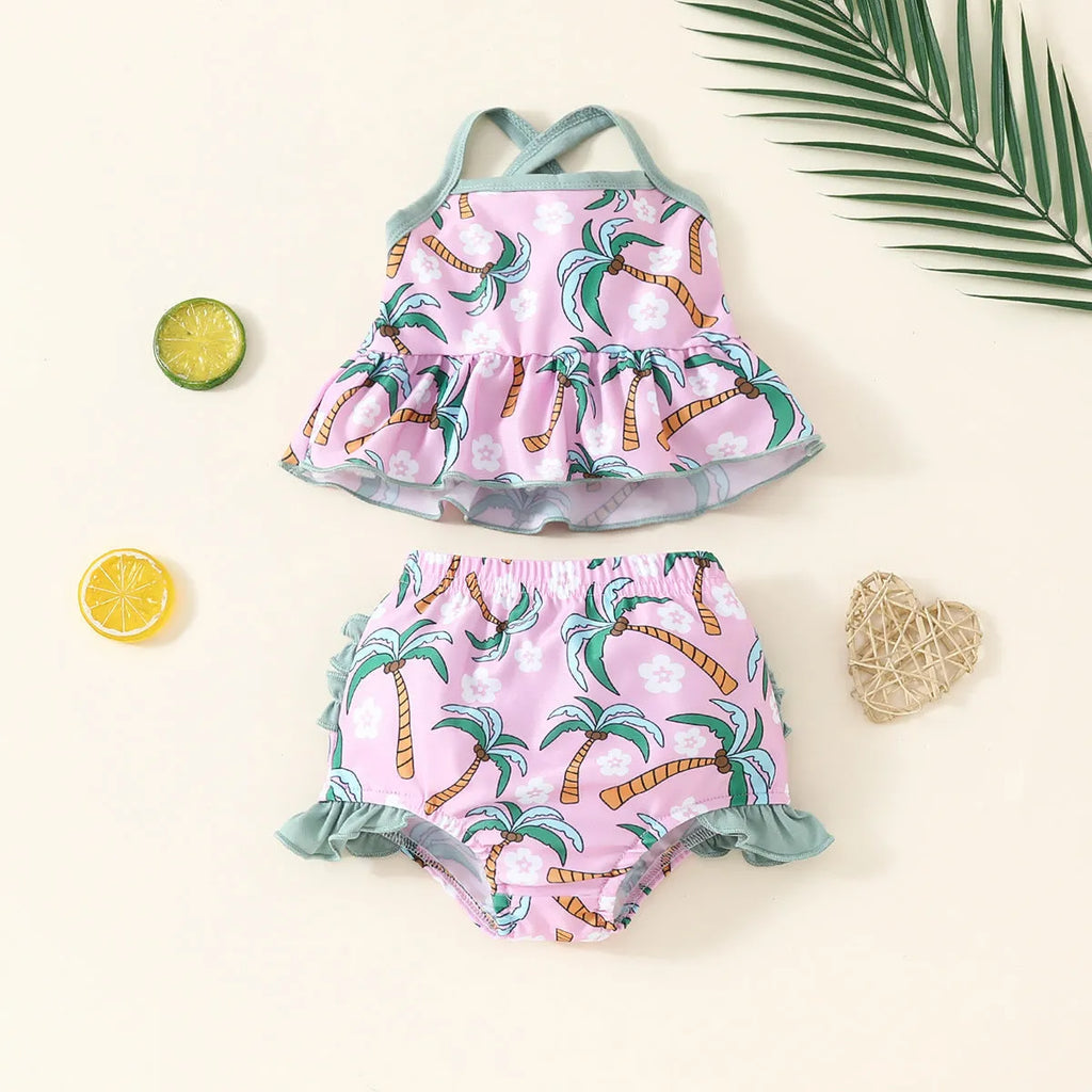 White children's two-piece swimsuit set with top and beach shorts made from polyester fabric