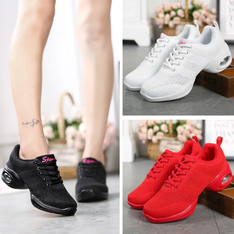Women's white breathable mesh dance shoe with a lightweight PU sole on a studio floor.