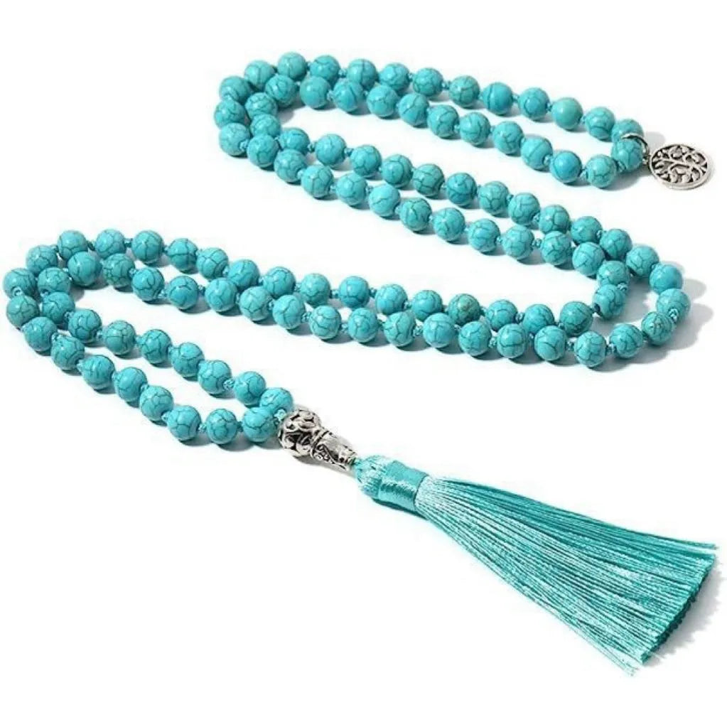 Handmade knotted beaded necklace with 8mm stone beads showing natural colour variations