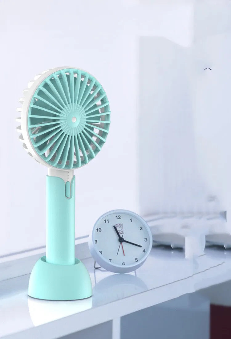 Blue USB-powered mini desktop fan with three-speed control