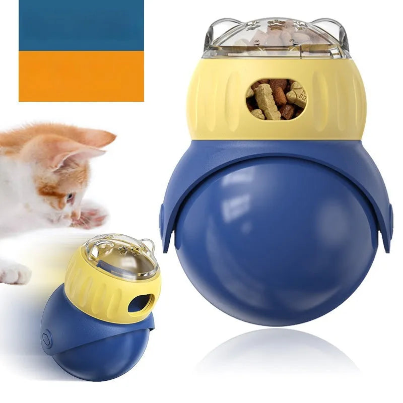 Owl-shaped plastic cat tumbler feeder in Morandi yellow and blue colours