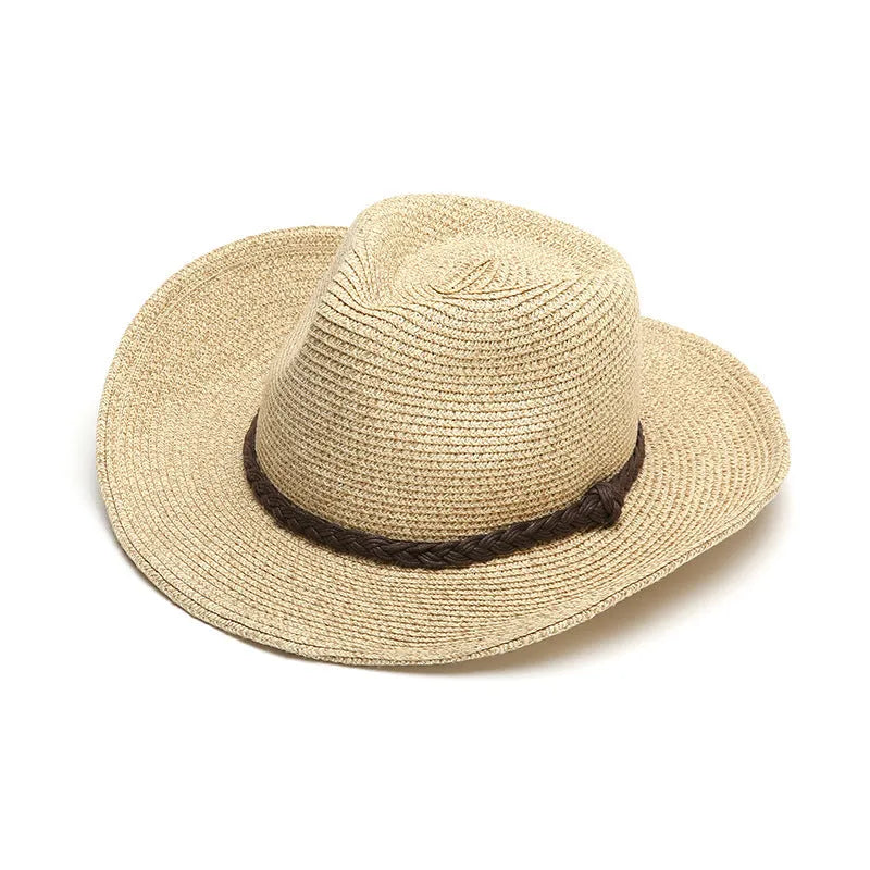 Men's foldable straw sun hat with big brim in beige colour on outdoor background