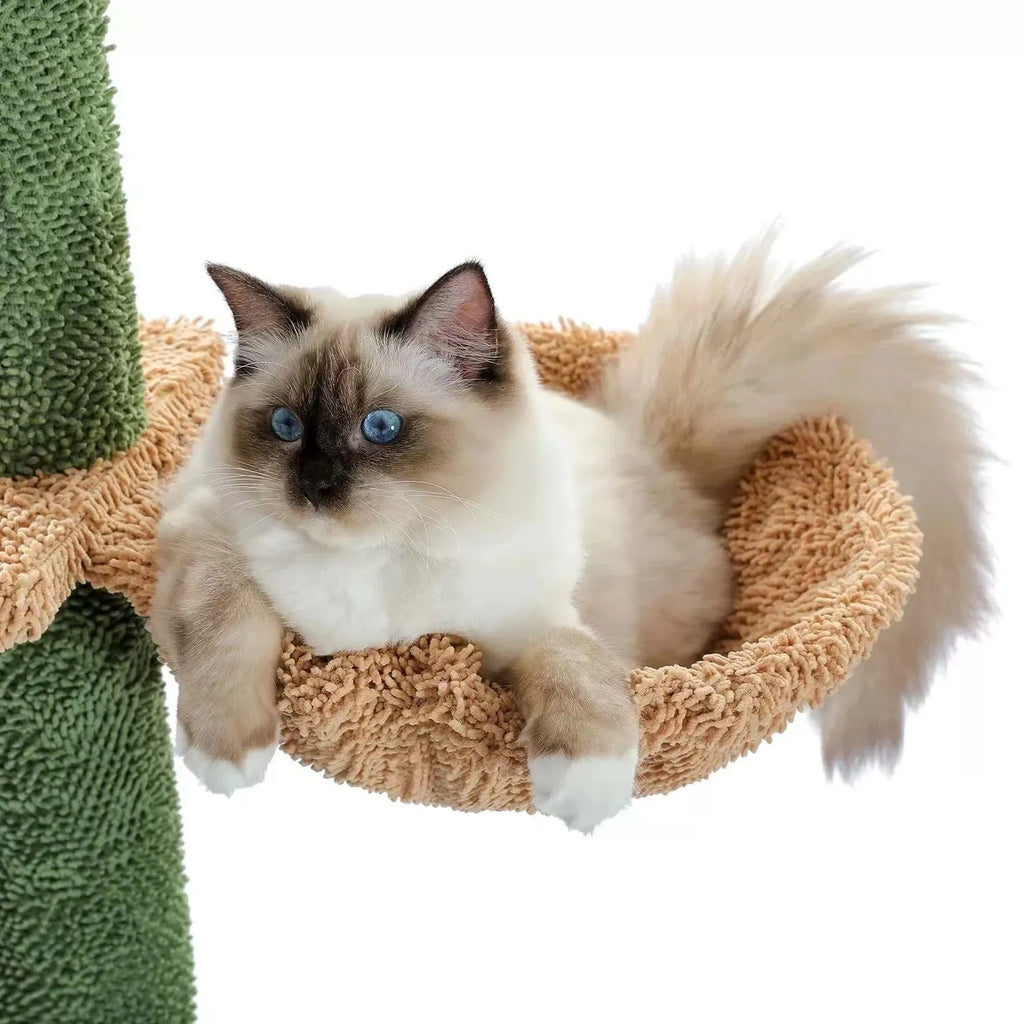 Tall solid wood cat climbing frame with integrated scratch board and cat nest