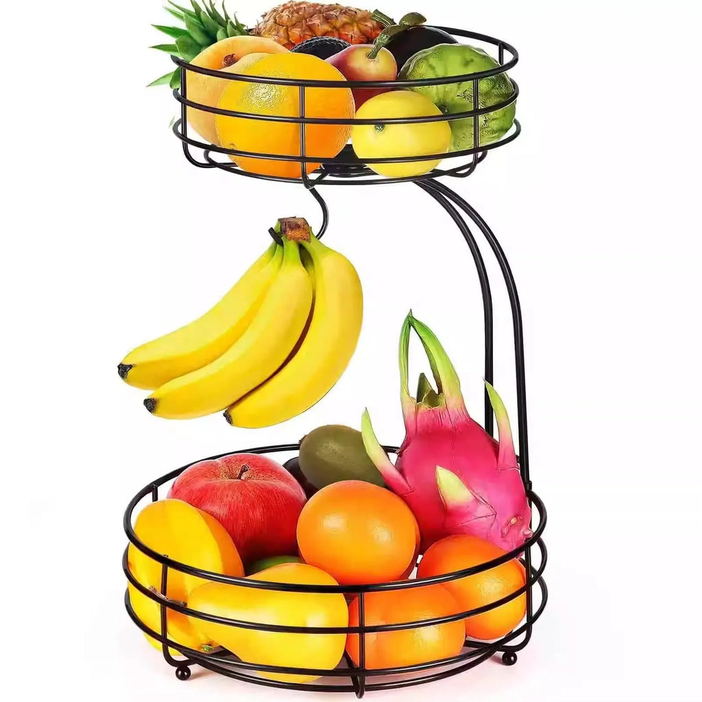 Black wrought iron double-layer fruit basket with 25cm diameter for kitchen storage