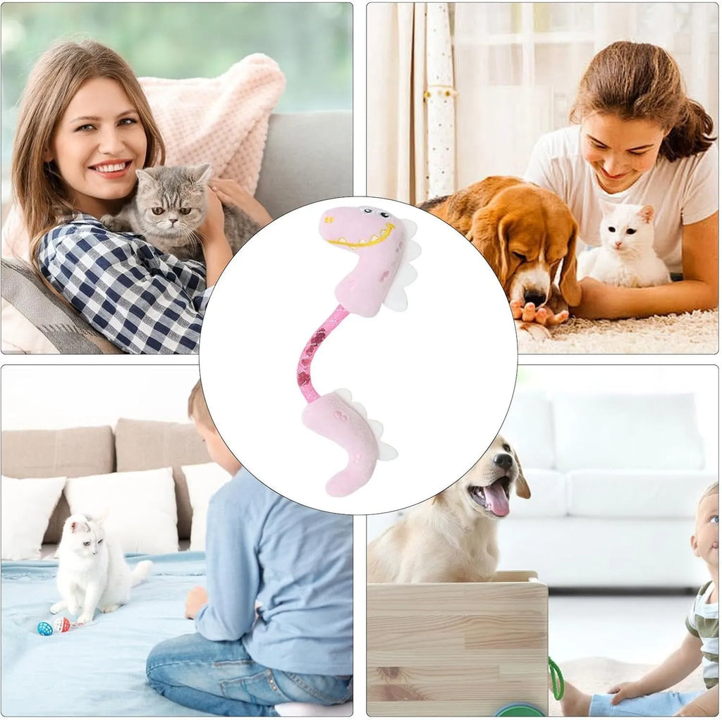 Set of four cat toys including rope, kicker toy, springs, and plush chew toys in pink, purple, or yellow colours