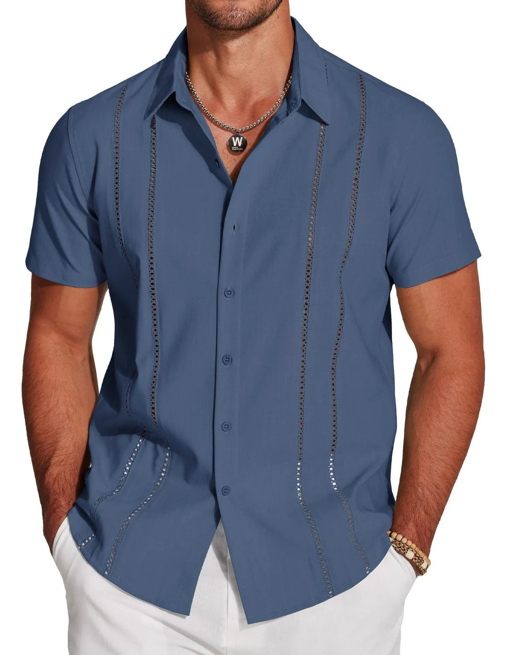 Men's slim fit Hawaiian shirt with digital printing and elastic fabric in various colours and sizes
