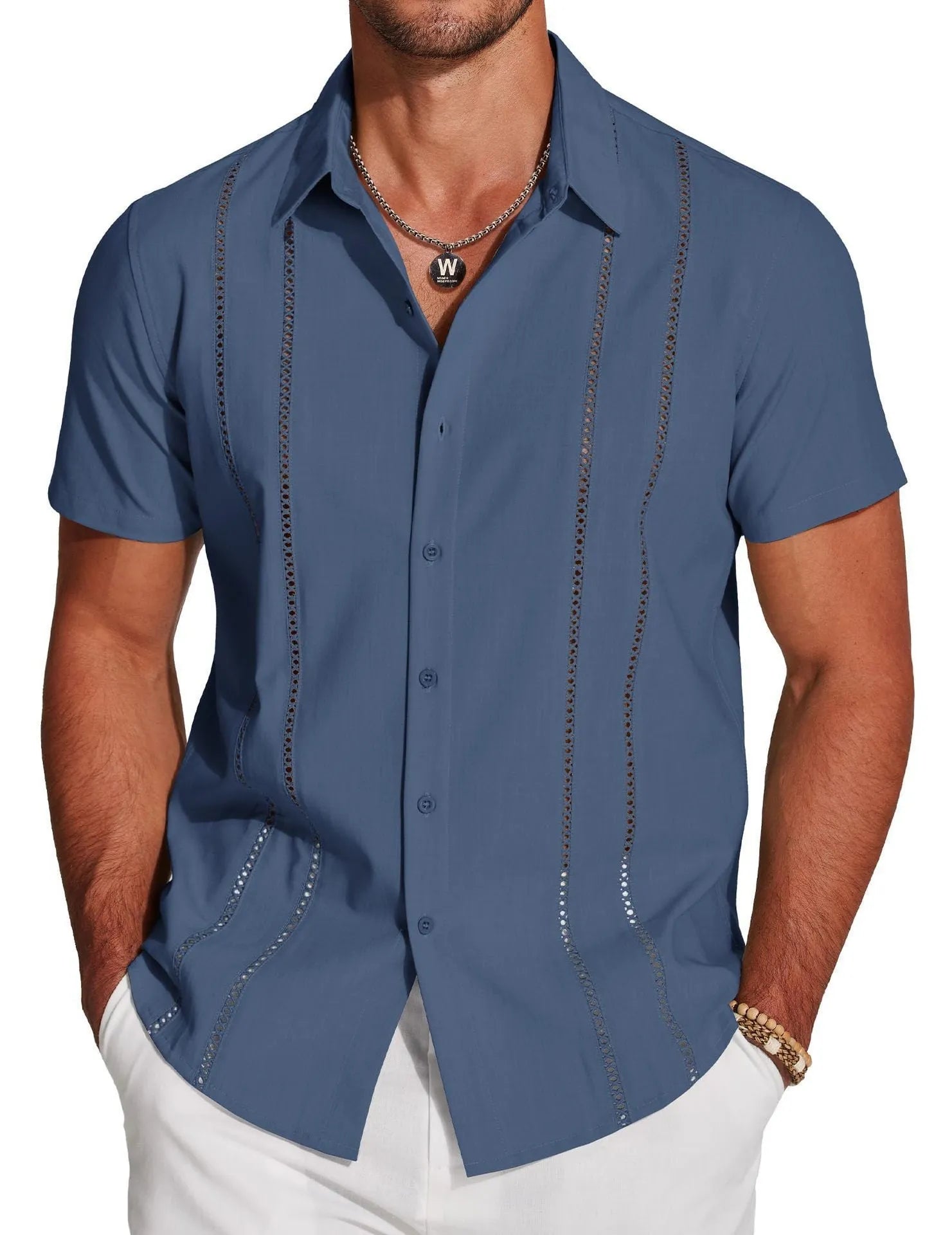 Men's slim fit Hawaiian shirt with digital printing and elastic fabric in various colours and sizes