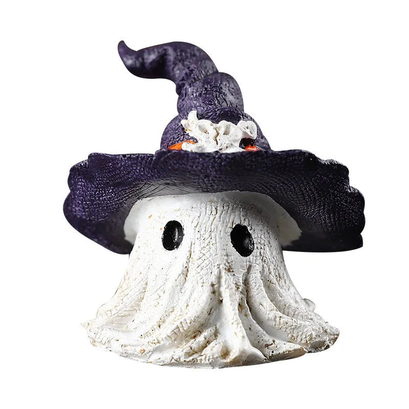 Resin wizard hat ghost ornament in kid-sized dimensions available in black or purple colour options
