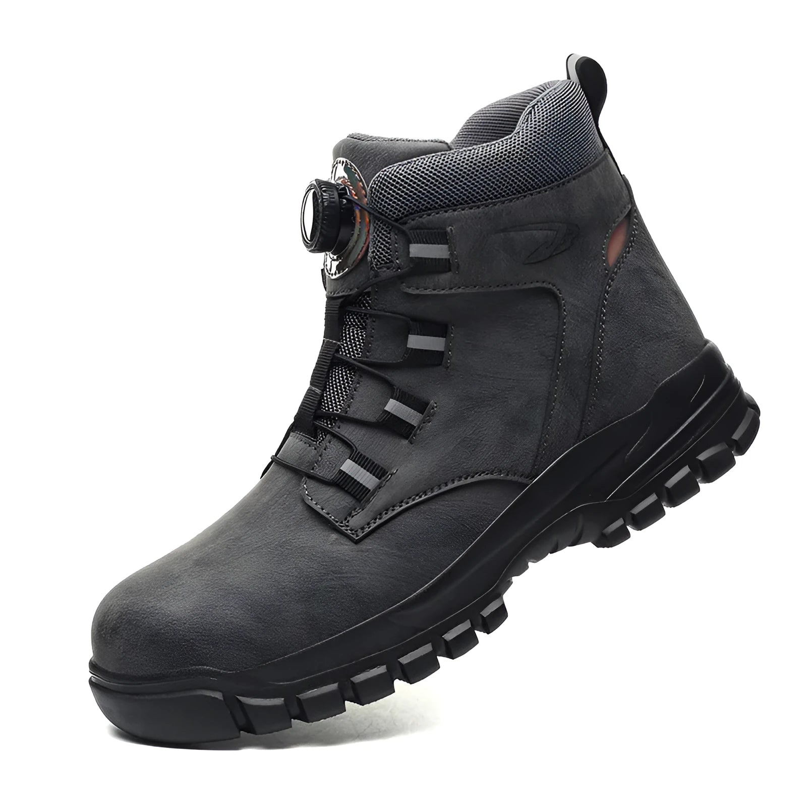 Men's lightweight black leather labour protection shoes with rubber sole, shown on a work site background.