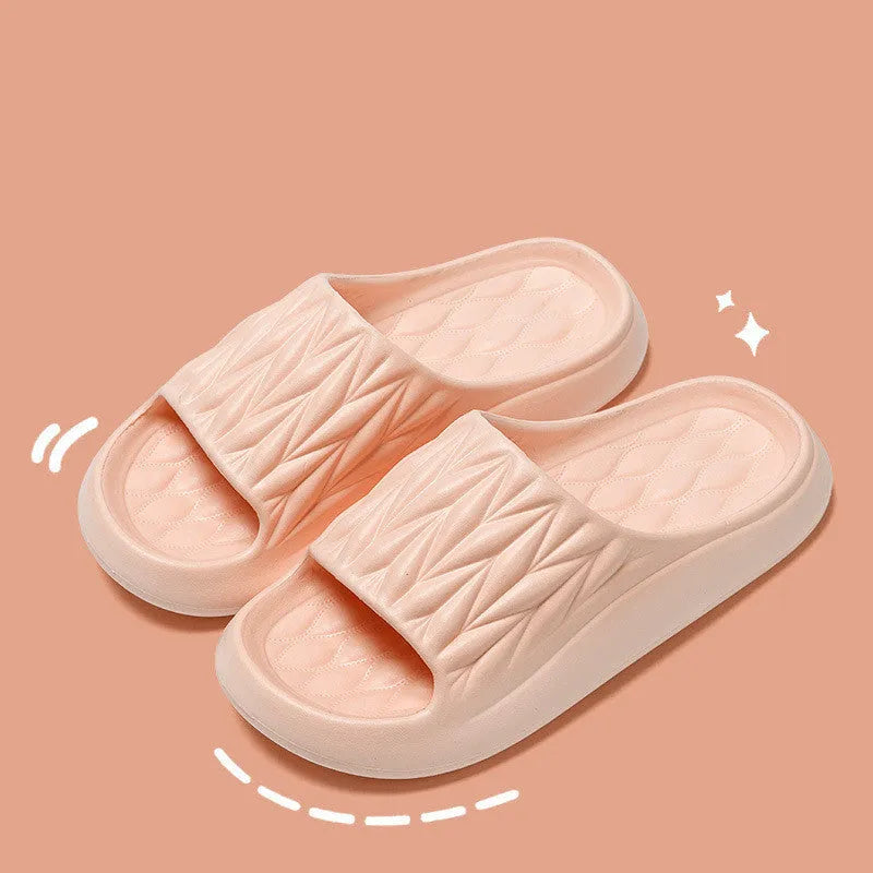 Leaf texture design EVA slippers for indoor summer wear, shown in assorted colours.