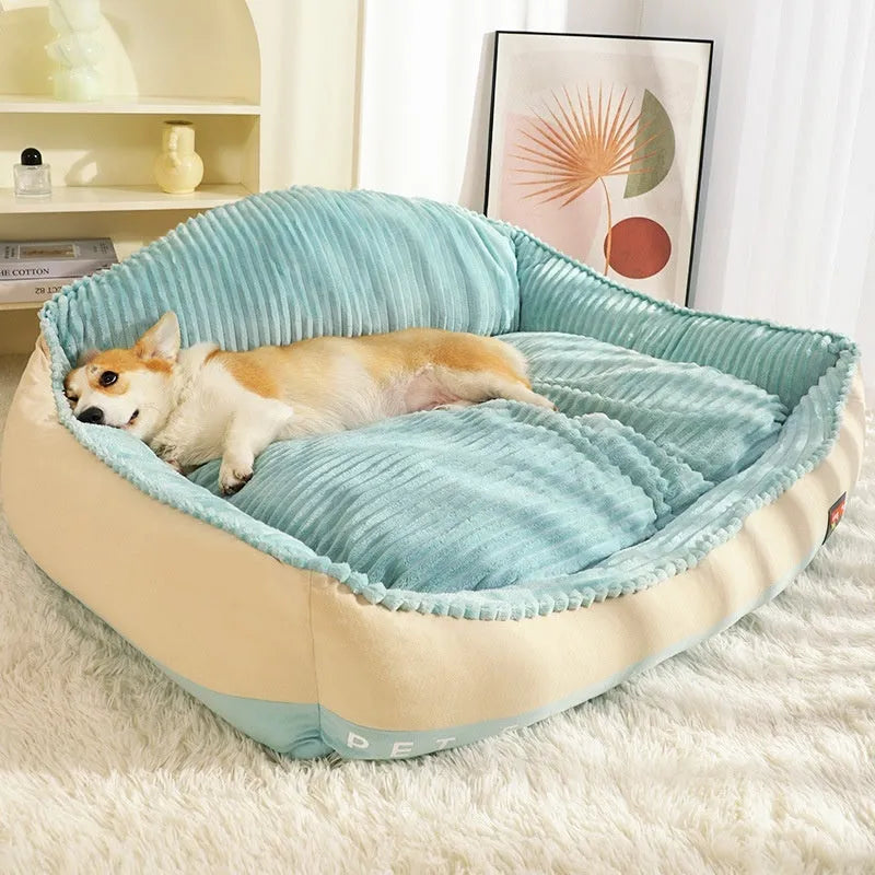 Morandi-colour removable washable pet bed for sofa, shown in Medium and Large sizes for dogs and cats.
